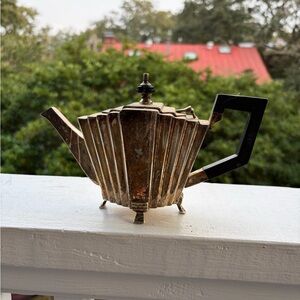 Antique Art Deco Footed Teapot Bakelite Handle Silverplate 1920s Finial Detailin